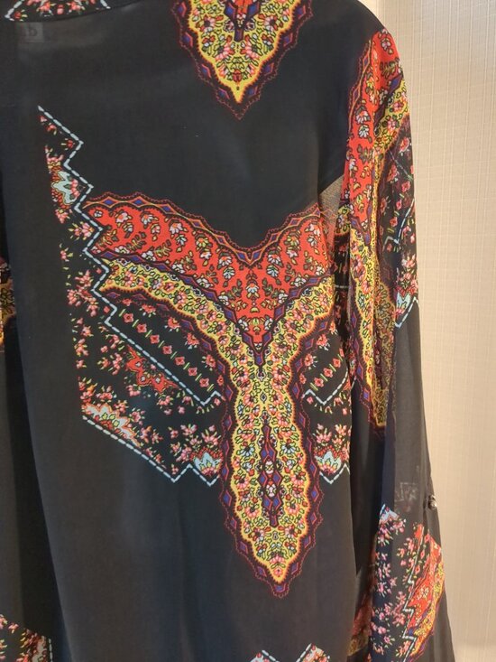 Sheer Black Partial Button Blouse / Tunic with colors of red / yellow /cream / - Picture 9 of 16